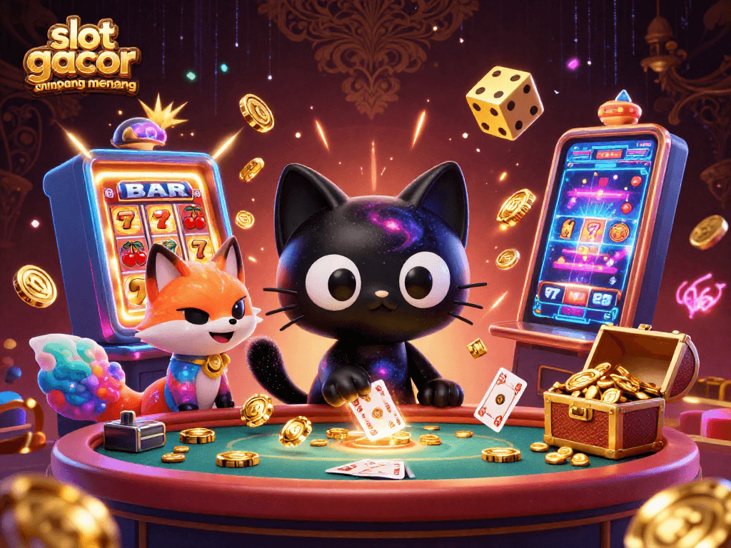 Engaging scene with a black hole cat and nebula fox at a cosmic casino, highlighting slot gacor gampang menang excitement.