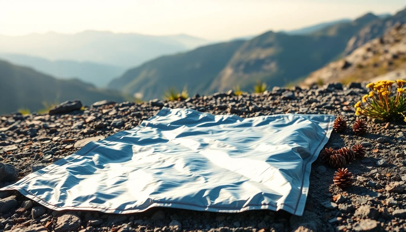 Use an emergency blanket in outdoor survival situations, showcased with rugged nature as the background.