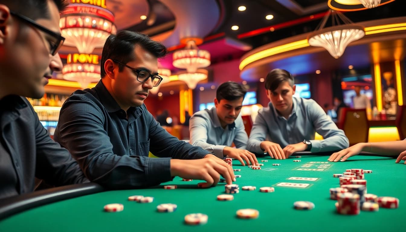 Bermain Domino88 poker game dengan kartu dan chip di meja, menampilkan suasana kasino yang hidup.
