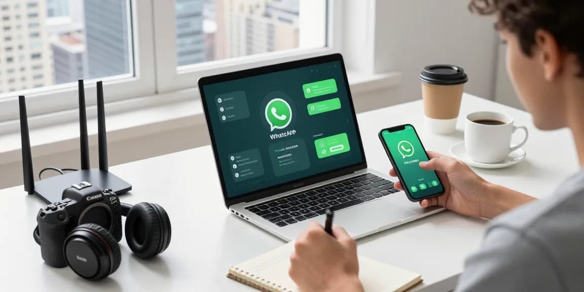 WhatsApp下載 illustrated on a modern workspace with tech gadgets, showing vibrant digital notifications and collaborative atmosphere.