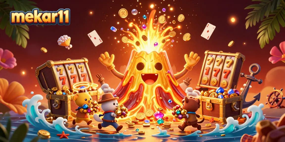 Mekar11 celebrates winning moments with a golden volcano erupting coins and treasures in this colorful casino scene.