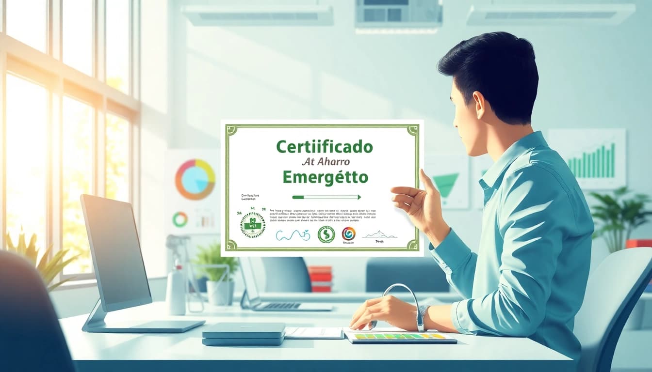 Certificado Ahorro Energético destacado en una oficina moderna, resaltando su importancia en la eficiencia energética.