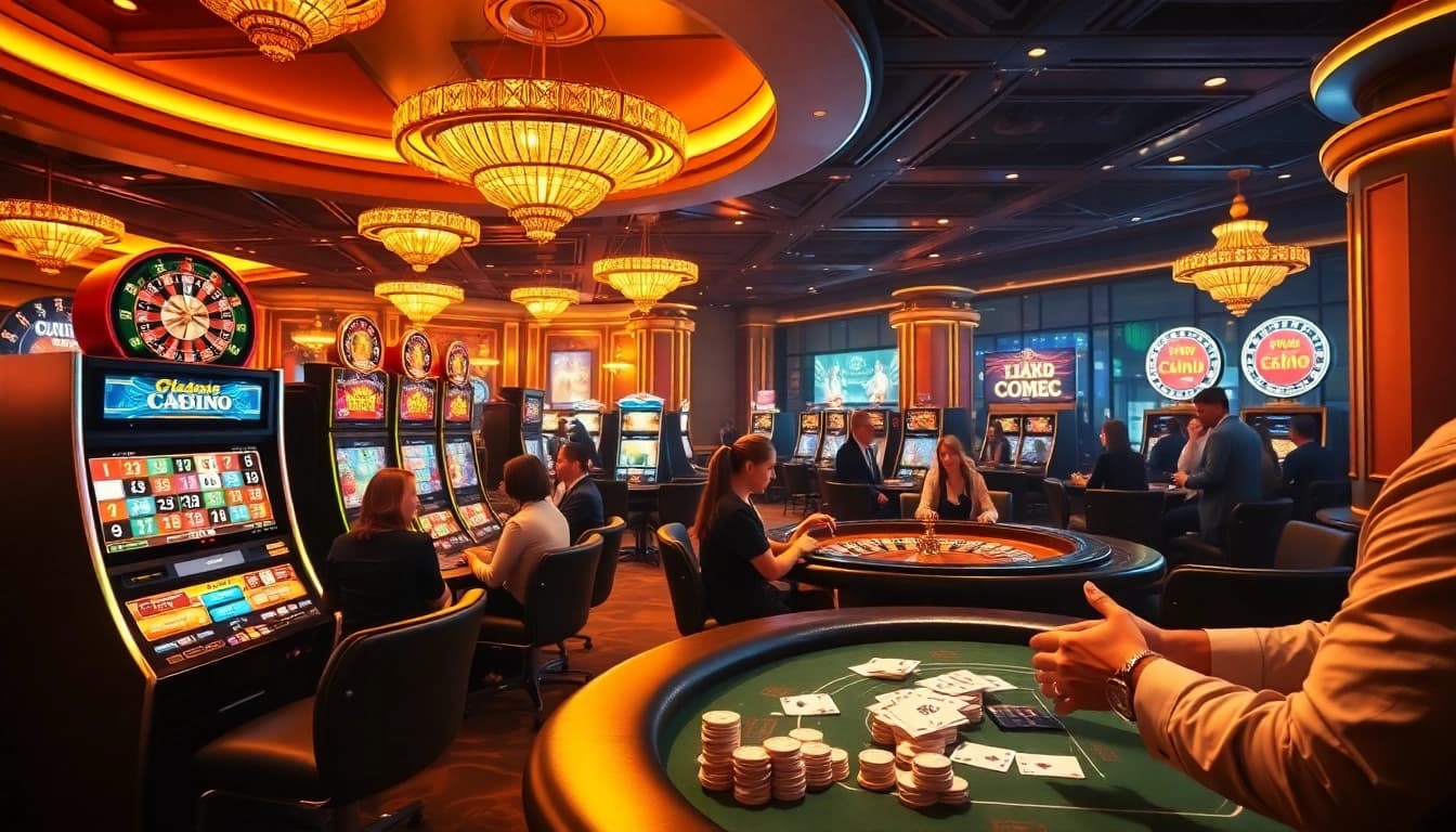 Players enjoying the excitement at lc88 casino with vibrant slot machines and roulette tables.