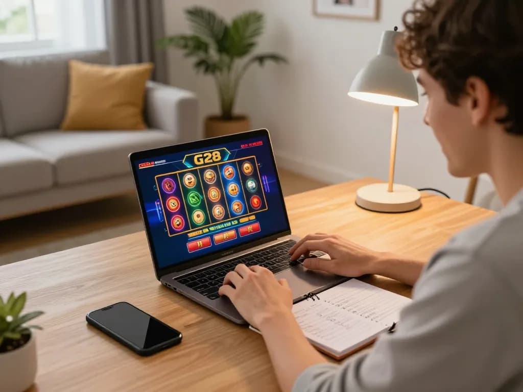 Player engaging with G28 online casino slots on a laptop in a cozy home environment.