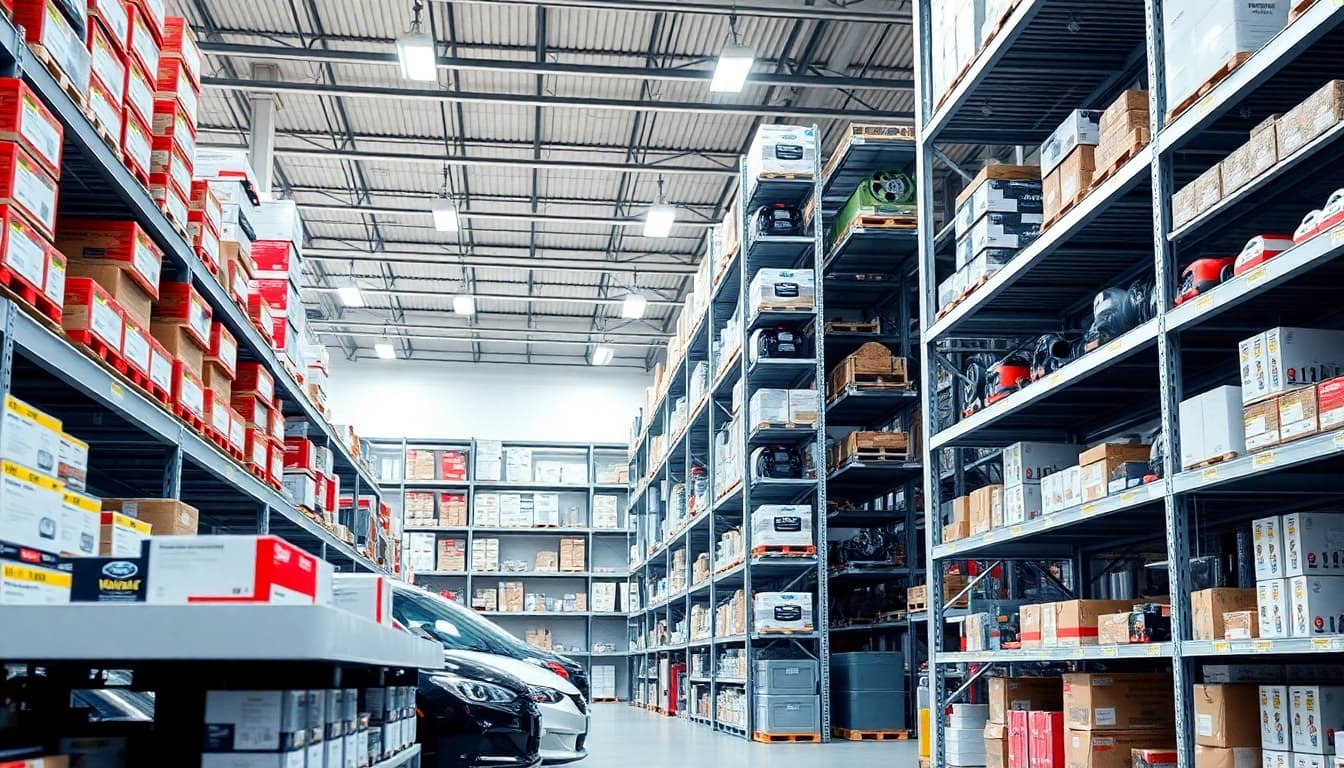 Browse genuine OEM parts at https://factoryoemsupply.com/ in a spacious, organized automotive supply warehouse.