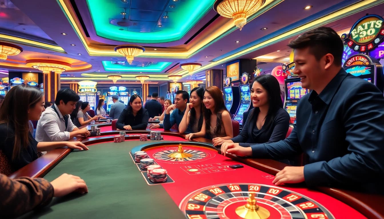 The exciting atmosphere of KJC AC 2 with players enjoying various casino games like slots and poker.
