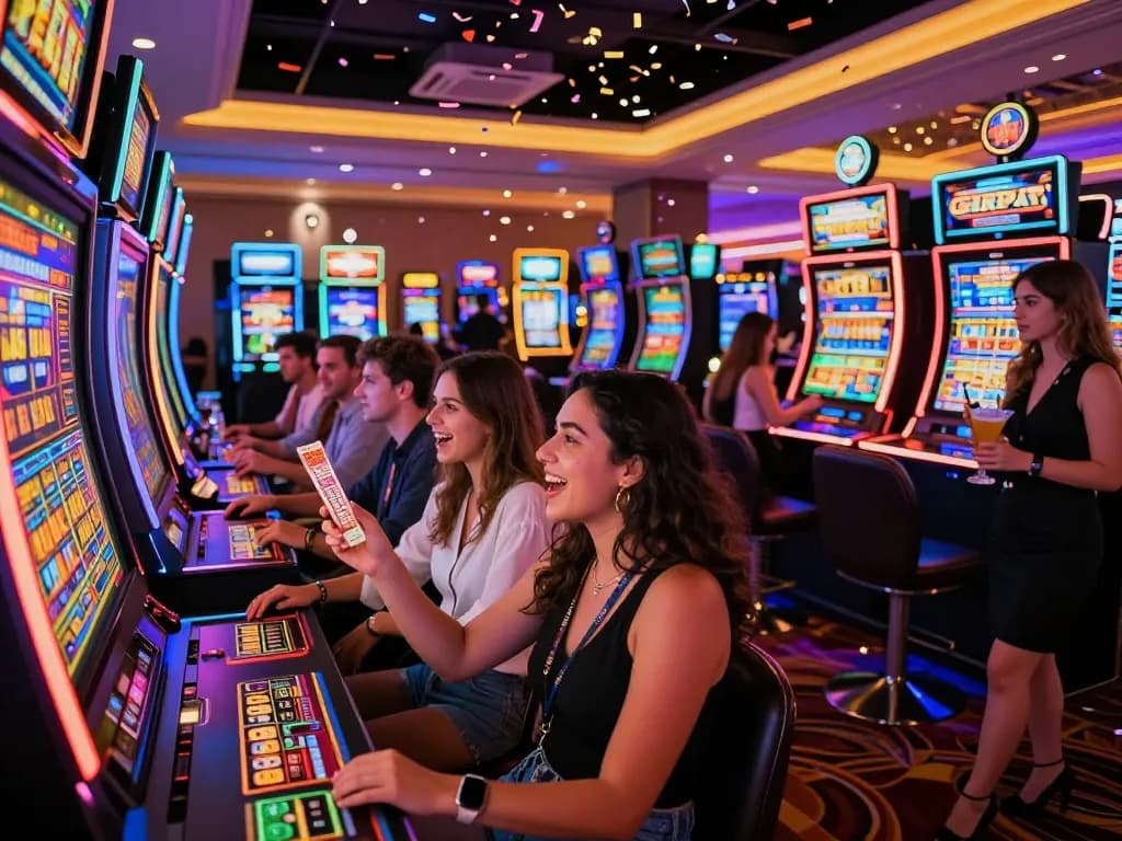 Friends celebrating a win at a link slot machine in a lively casino environment with flashing lights.