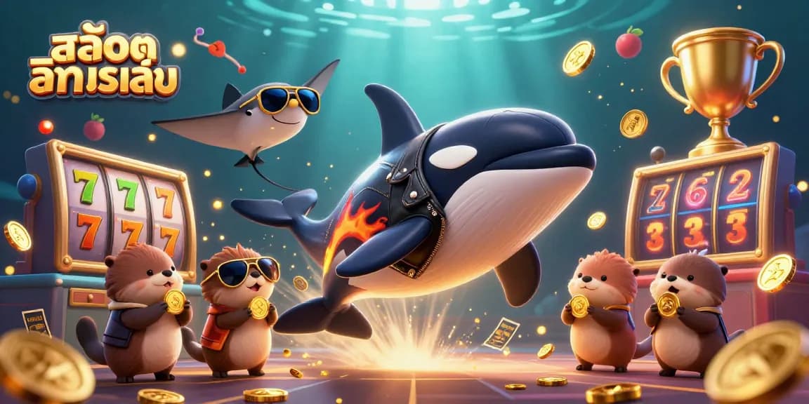 Play สล็อตทดลองเล่น with a vibrant underwater scene featuring a jumping orca and otters holding gold coins.