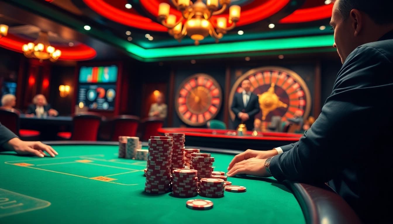 Người chơi thắng lớn tại các bàn poker Bet VIP giữa không khí phấn khích của một casino sang trọng.