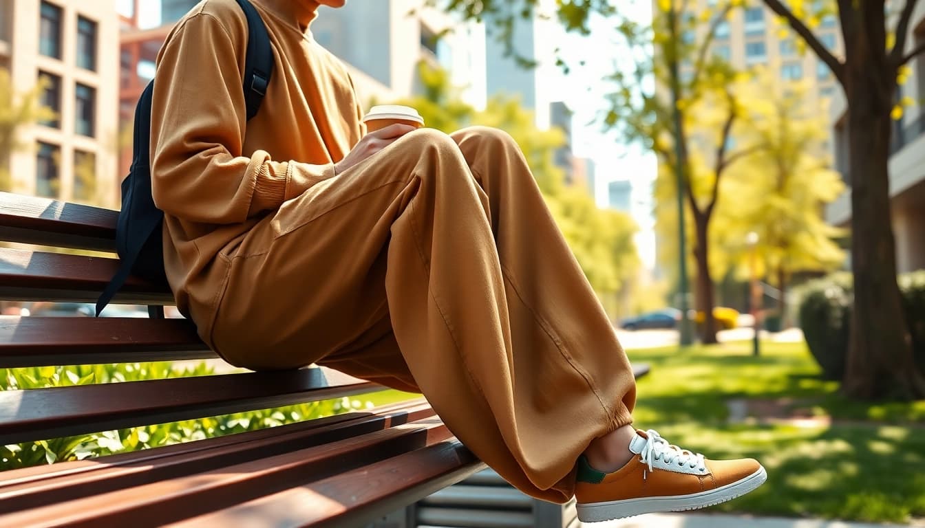 Individual relaxing in baggy sweatpants on a park bench with coffee, showcasing comfort.