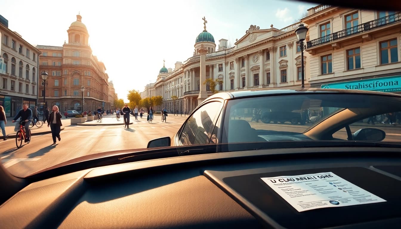 Chirie auto ieftin in Chișinău: A rental car parked in a vibrant city setting, showcasing urban life.