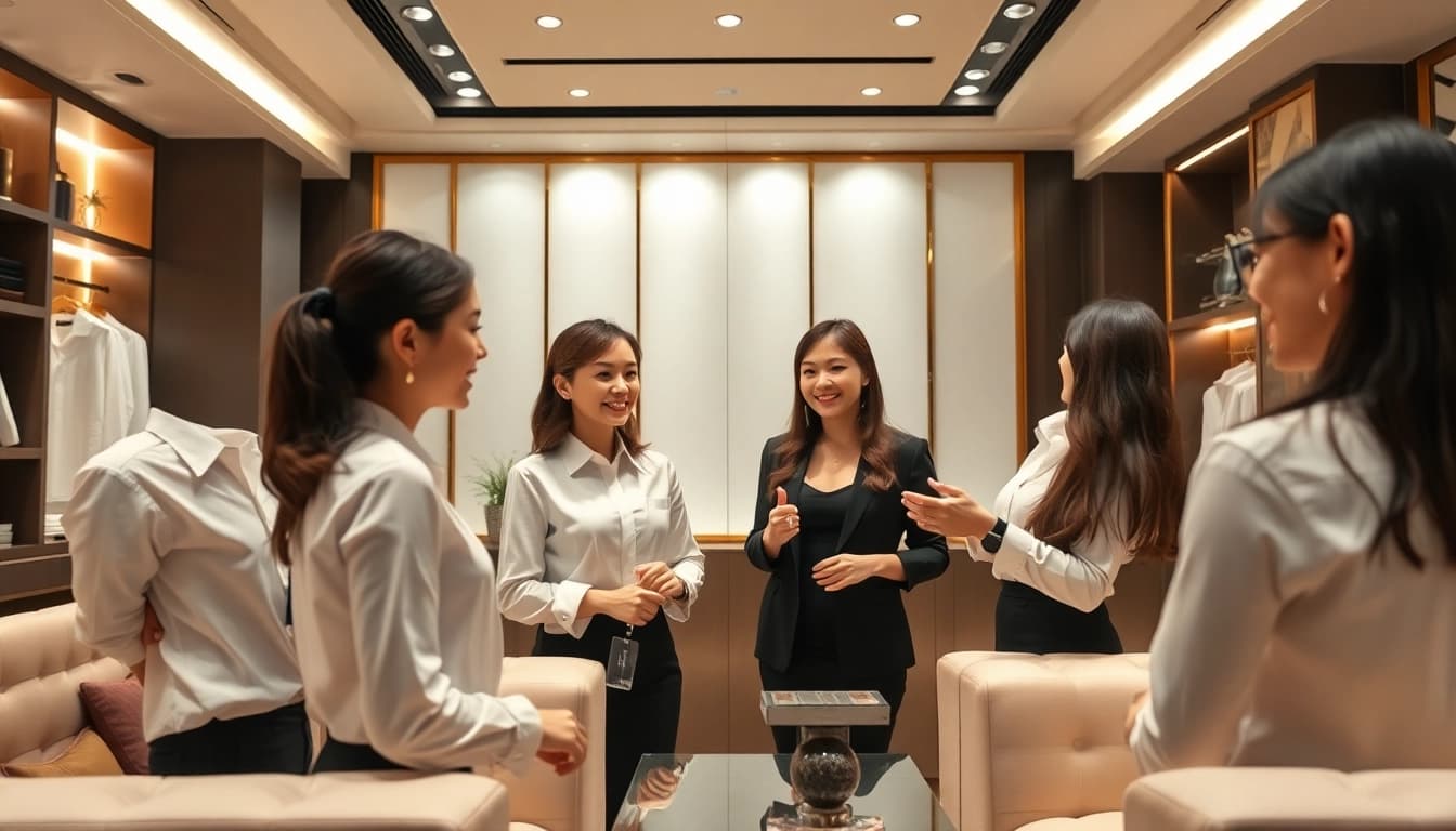 Vibrant 인계동셔츠룸 showcasing stylish atmosphere with engaging staff in elegant attire.