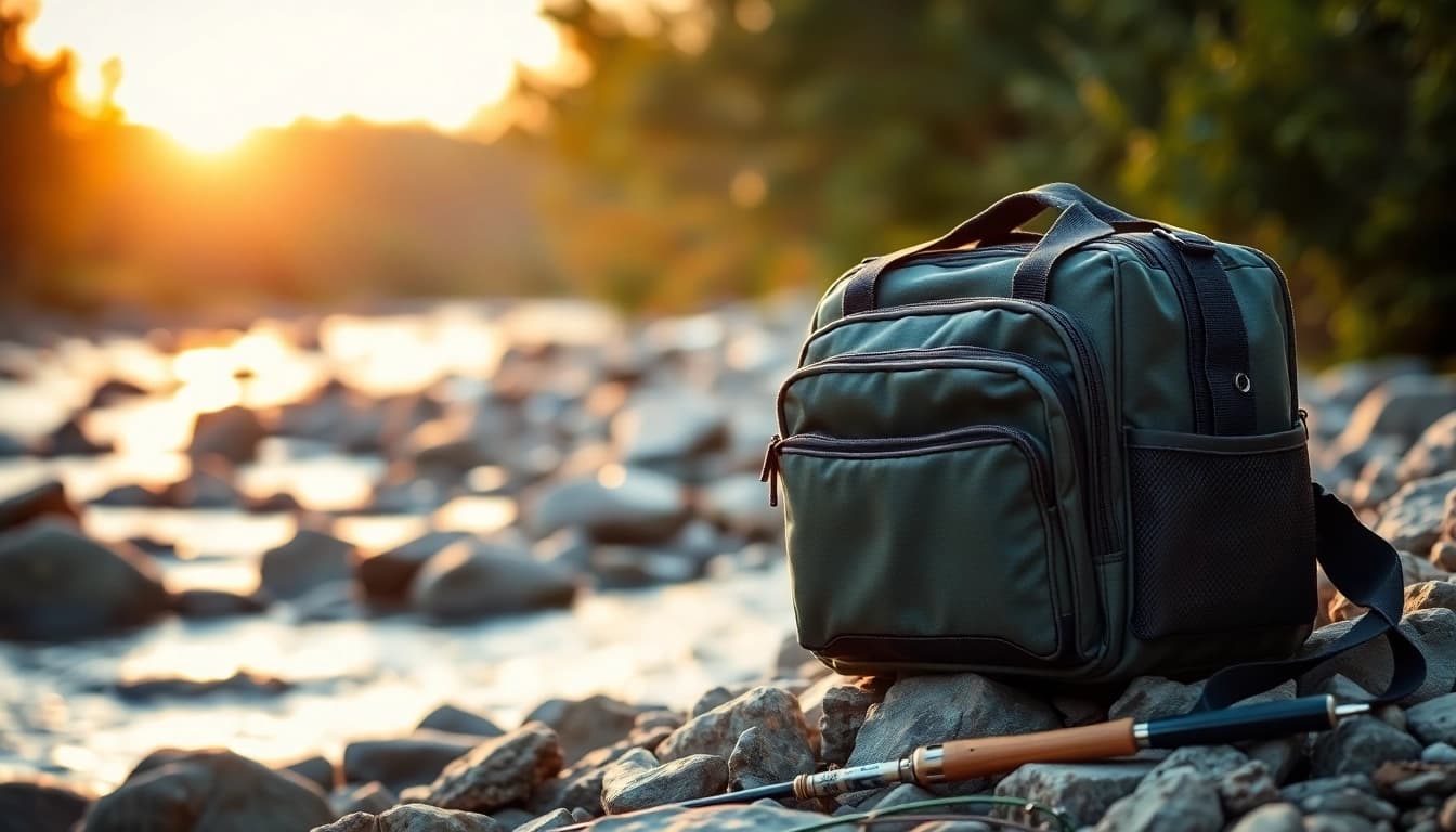 Showcasing a durable Fly fishing bag on a riverbank, surrounded by fishing accessories.