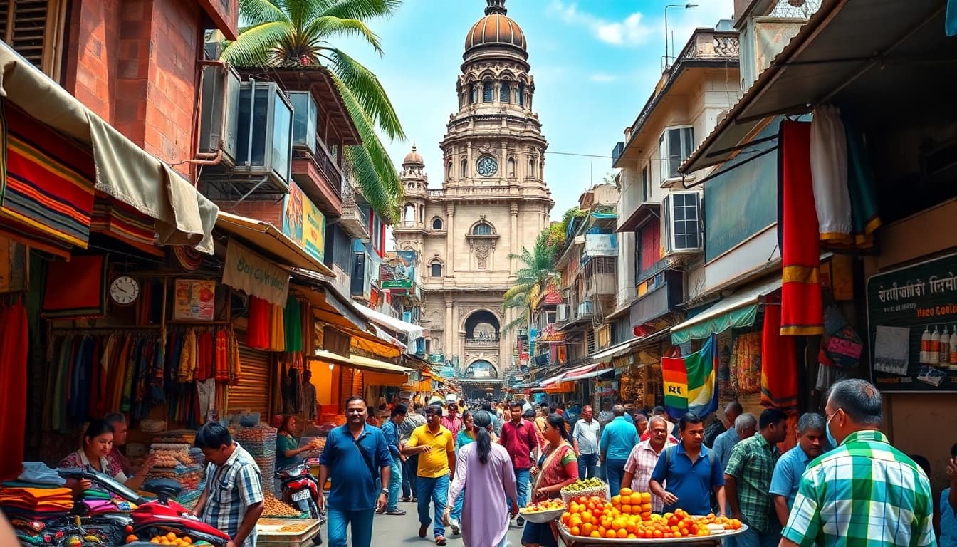Capture the essence of Mumbai with a vibrant market scene inspired by https://www.mumbaikarsperspective.com.
