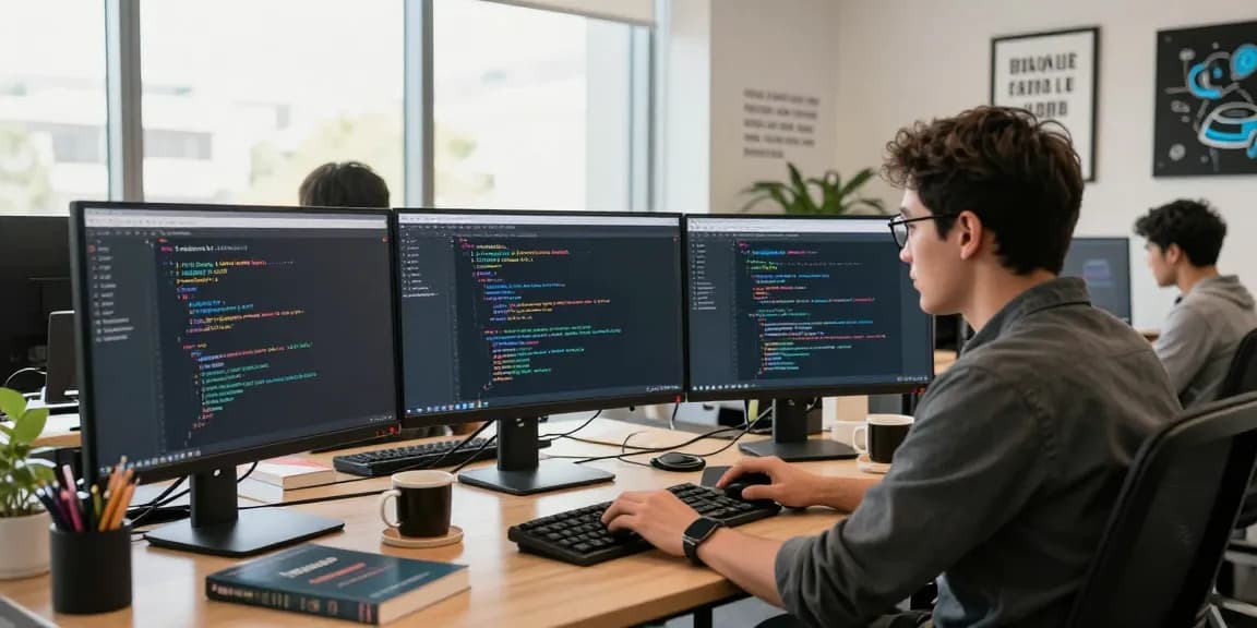 Developer coding 纸飞机中文版 on multiple screens in a modern office.