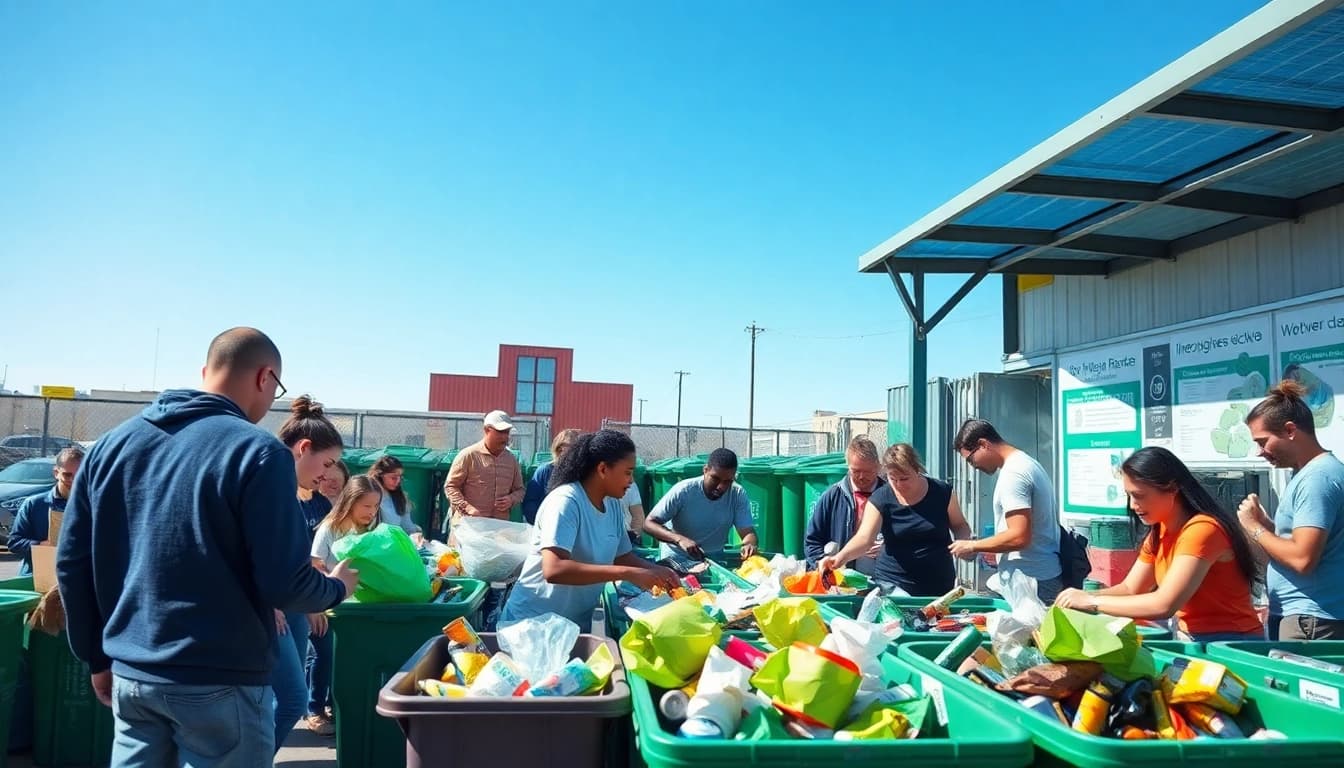 Active individuals engaging in cold lake recycling at a bustling center, showcasing eco-friendly practices.