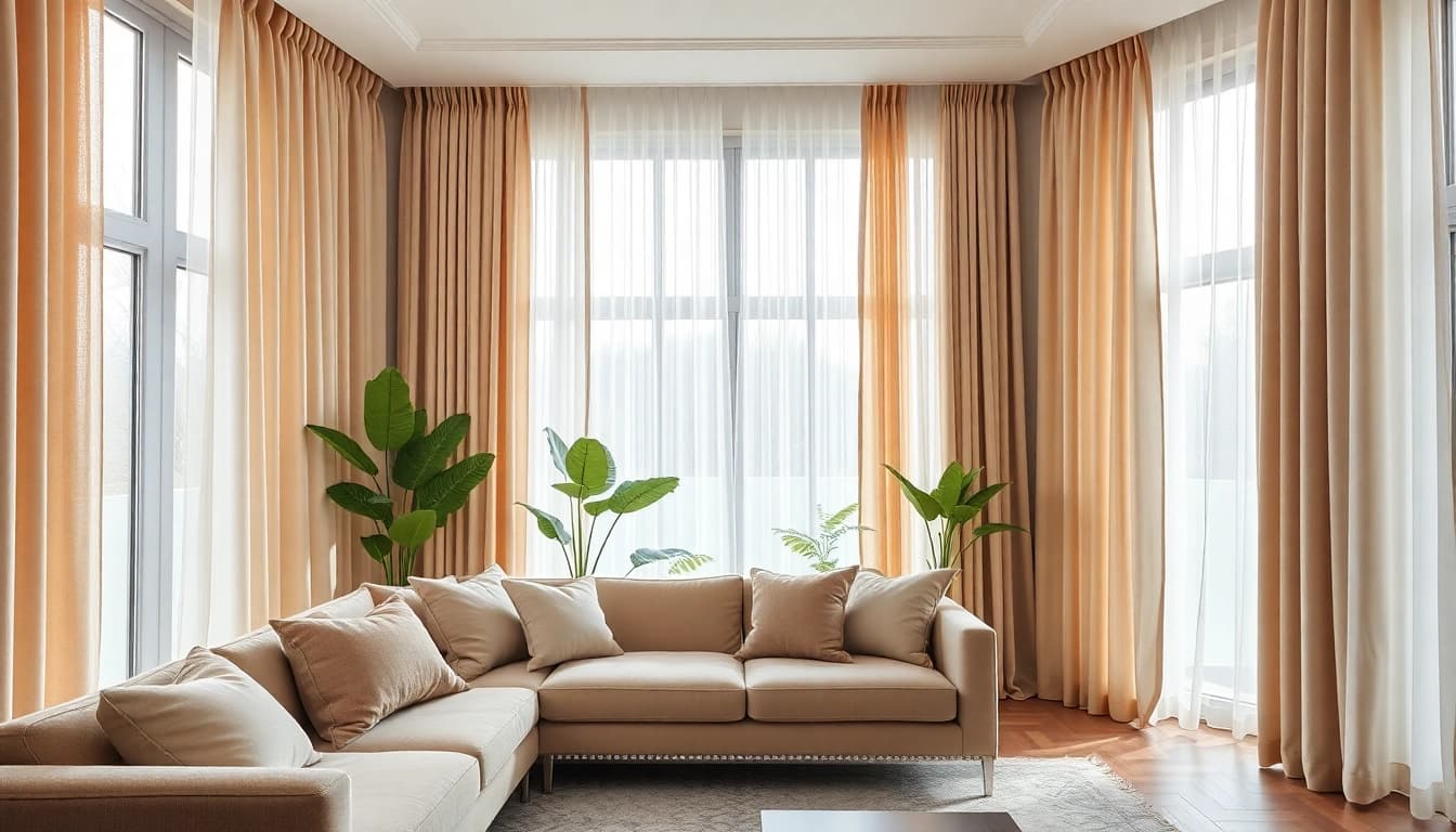 Verduisterende gordijnen in een modern interieur, die de ruimte stijlvol verfraaien.