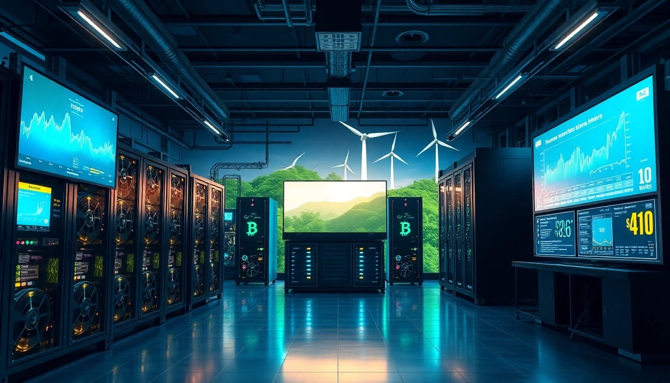 Smart mining facility featuring a crypto mining app with advanced AI technology and renewable energy sources.