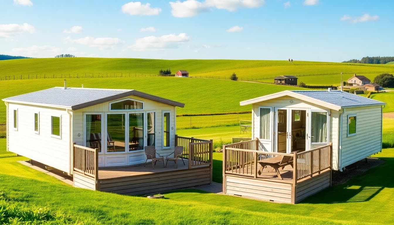 Admire beautiful static caravans amidst picturesque countryside scenery.