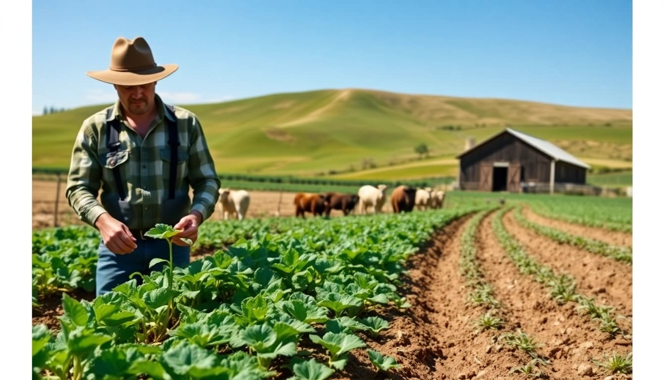 Explore the intricacies of agriculture law through a farmer tending to crops against a vibrant landscape.