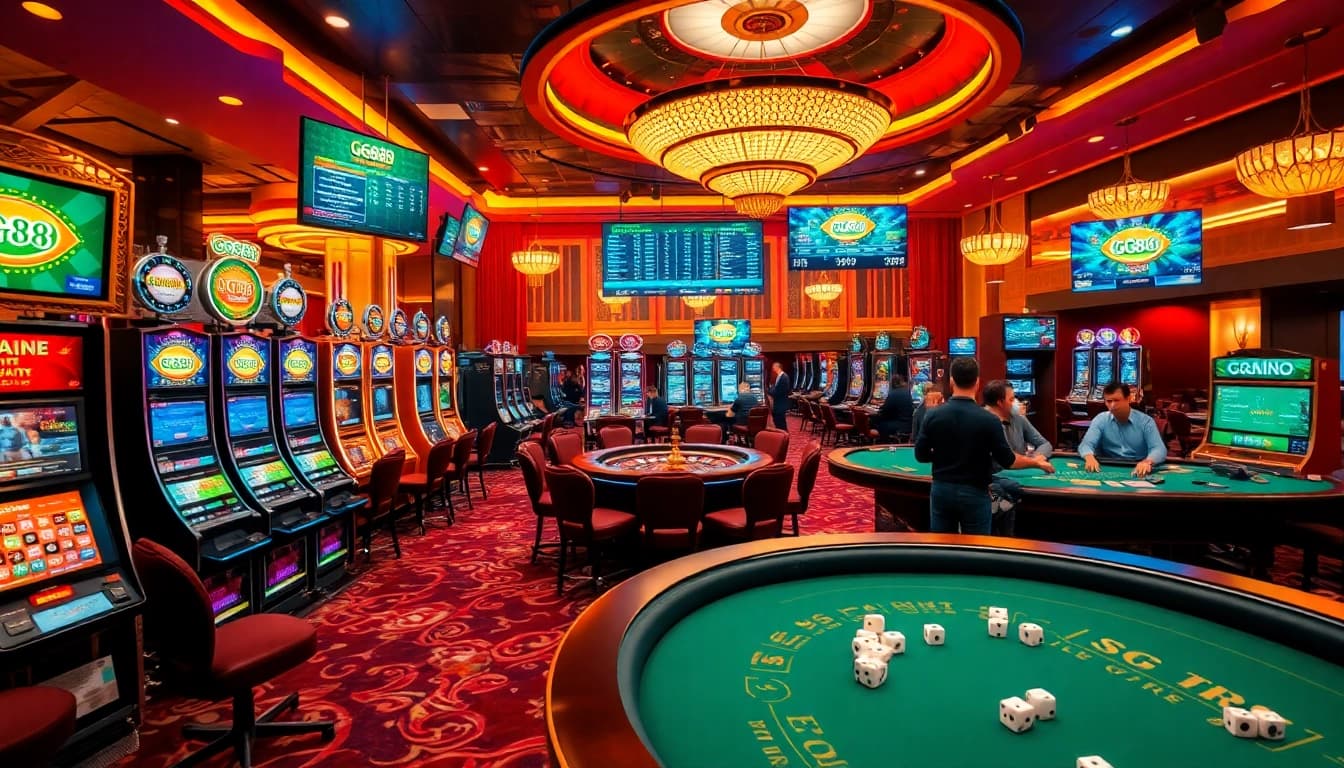 Experience excitement at Trang chủ GG88 with vibrant casino elements like slot machines and poker tables.