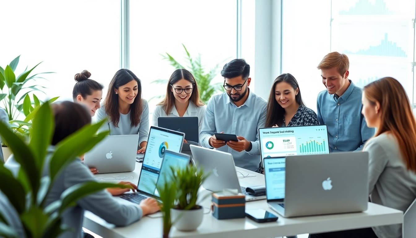 Engaged professionals utilizing 快连VPN in a modern workspace for secure internet access.