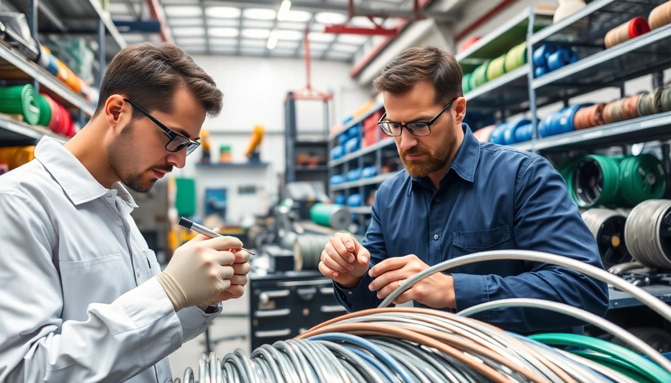 Flexible Wire Manufacturer examining high-quality wires in a modern workshop.