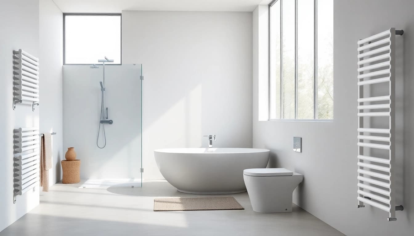 Die Produkte von sonni sanitär in einem hellen und modernen Badezimmer-Setup präsentieren.