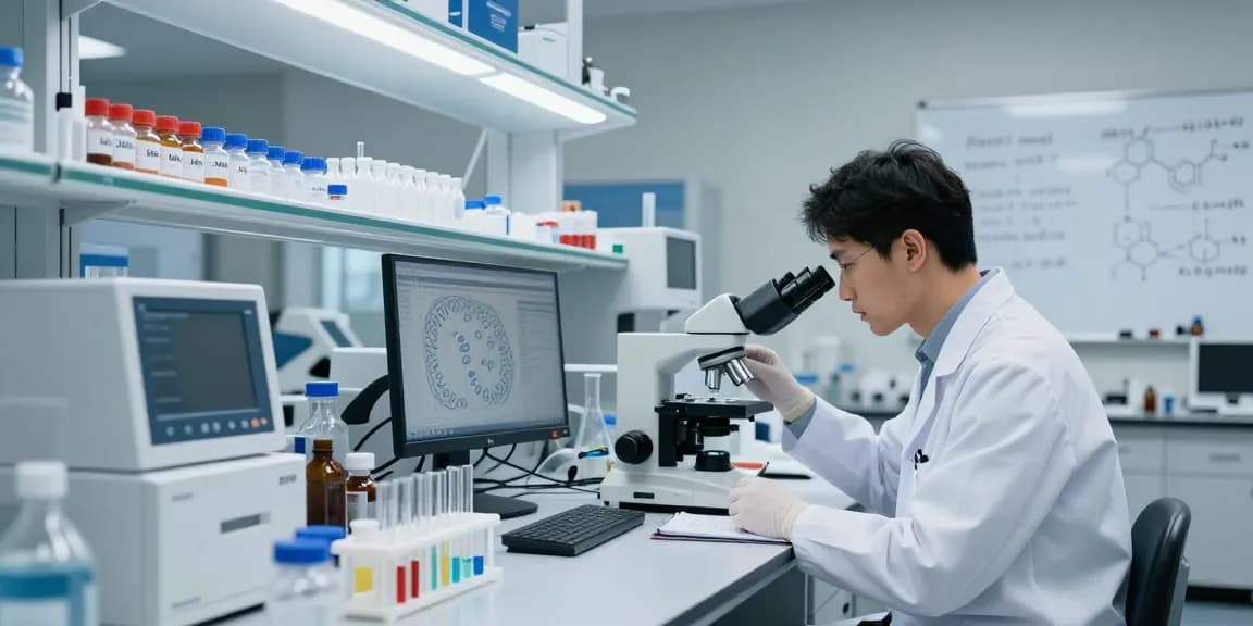Research scientist analyzing Swiss Chems peptides in a modern laboratory, showcasing advanced analytical equipment and a focus on precision.