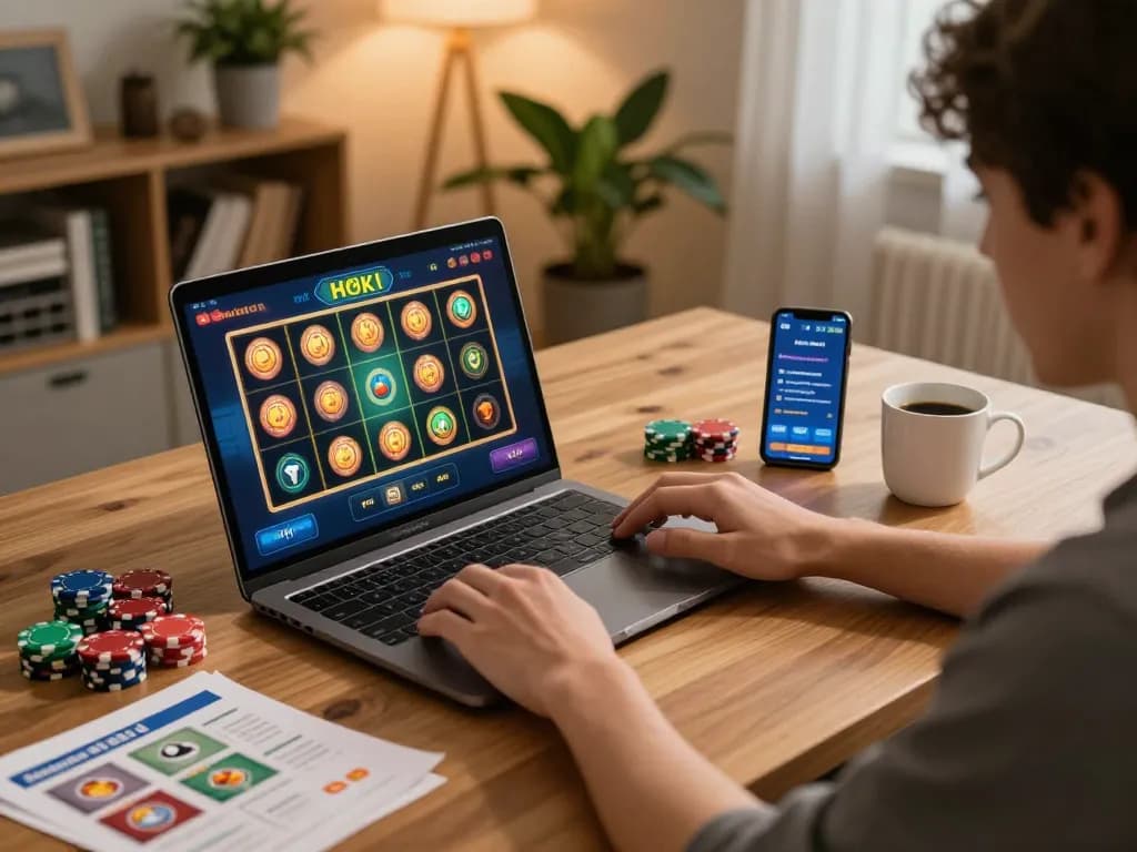 Person playing hoki slot on laptop in a cozy home gaming setup with poker chips and strategy notes.