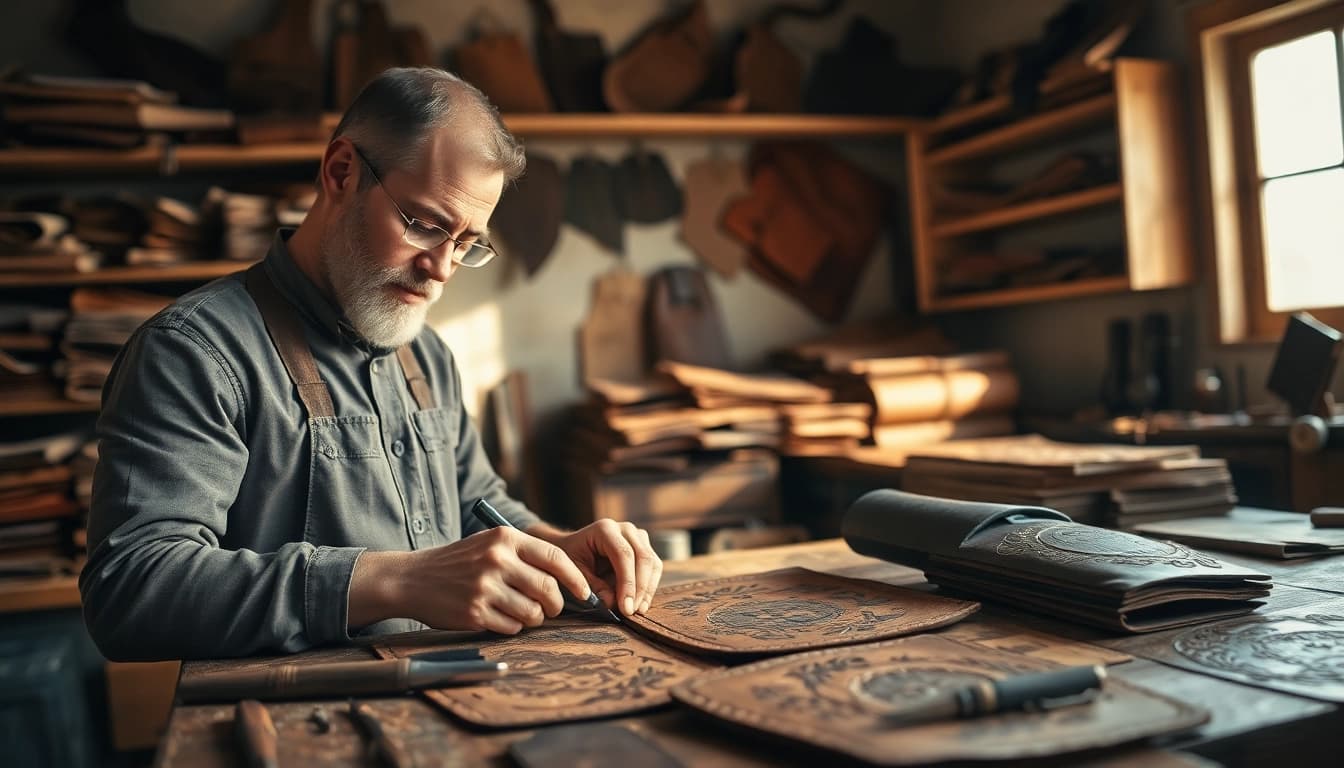 Craft artisan showcasing intricate tooled leather craftsmanship in a warm, inviting workshop.
