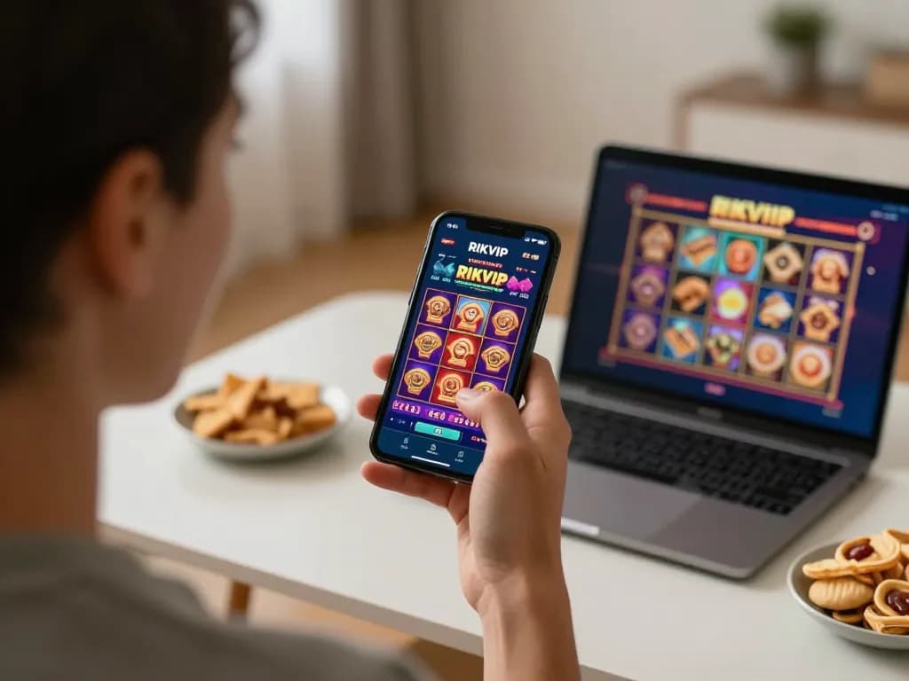 Player enjoying RIKVIP's mobile casino app, showcasing vibrant slot game play on smartphone.