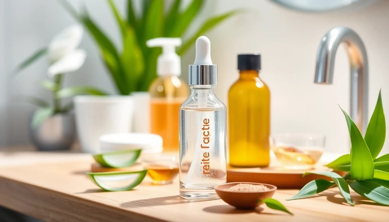 Showcase the affordable growth factor serum with natural ingredients in a serene setting.