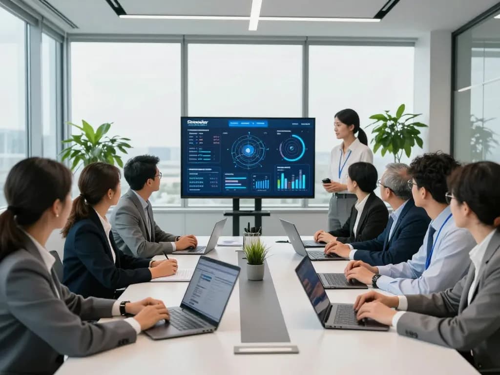 Schneider Electric meeting room with professionals discussing energy solutions in a bright office.