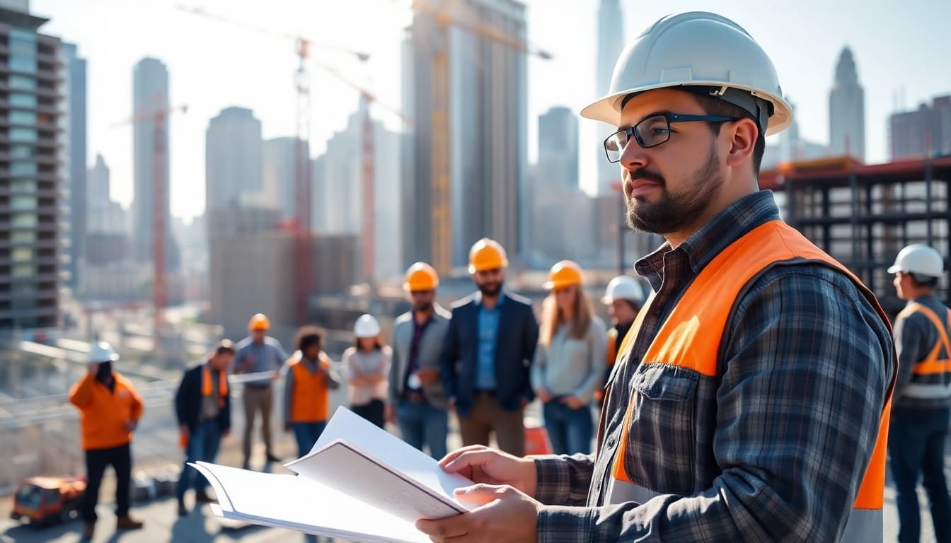 New York Construction Manager supervising a busy construction site in New York City.