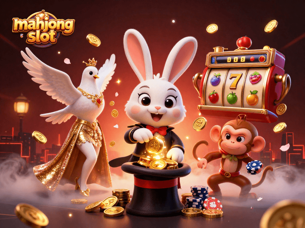 Menang besar dengan mahjong slot, simbol keberuntungan berkilau dan koin emas menyebar di seluruh gambar.