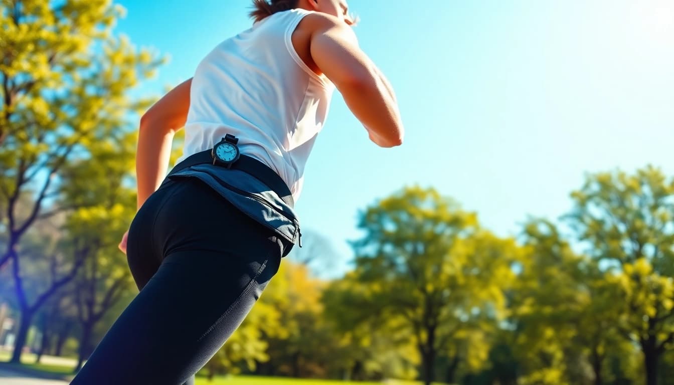 Runner using a waist pack, showcasing its functionality in a vibrant outdoor setting.