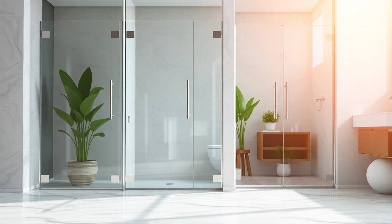 Showcasing elegant shower doors uk with polished chrome handles in a modern bathroom setting.