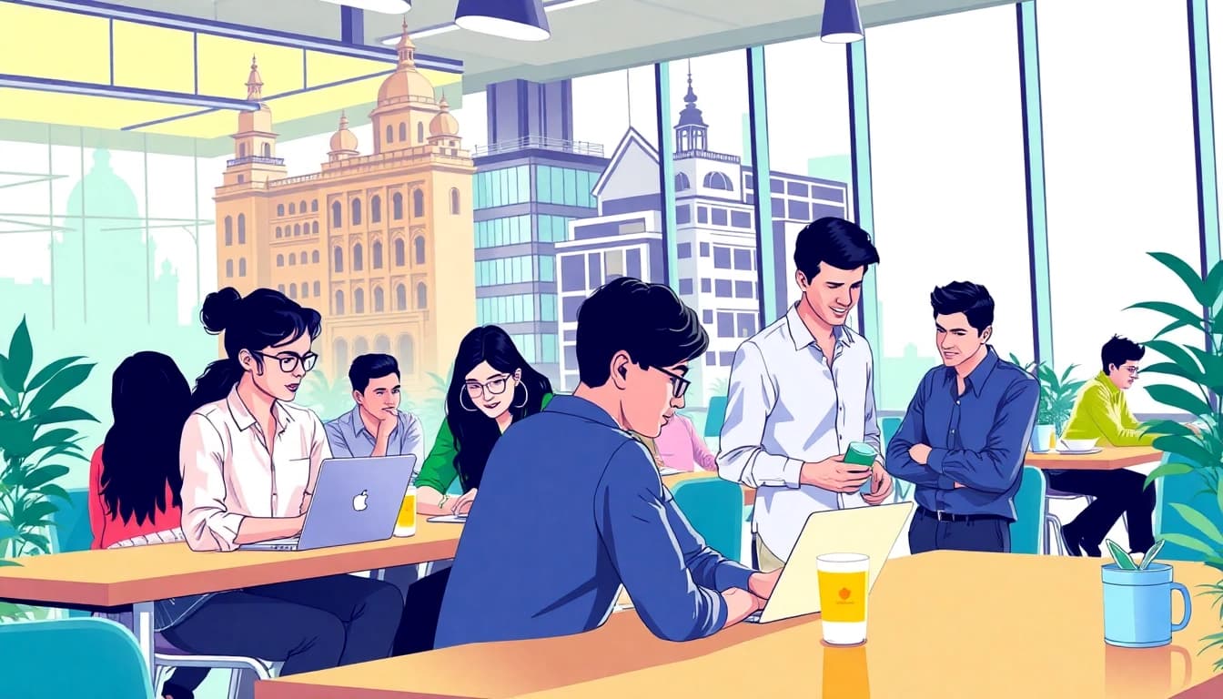 Showcasing startup kolkata with entrepreneurs collaborating in a vibrant co-working environment.
