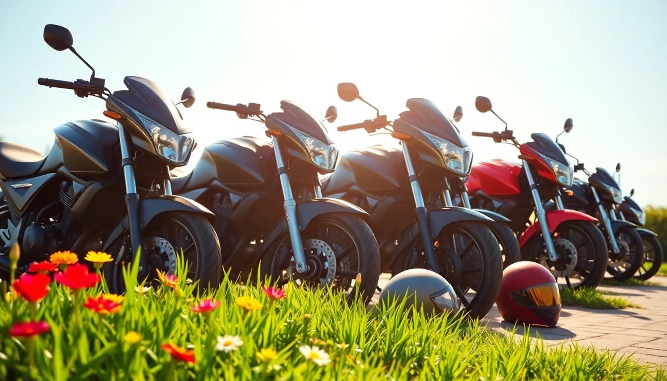 Showcase of budget DOT approved motorcycles for sale in a vibrant outdoor setting.