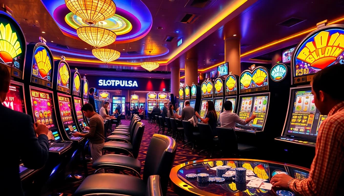 Pemain berinteraksi dengan mesin slot pulsa berwarna-warni di kasino yang hidup, menangkap kegembiraan dan energi.
