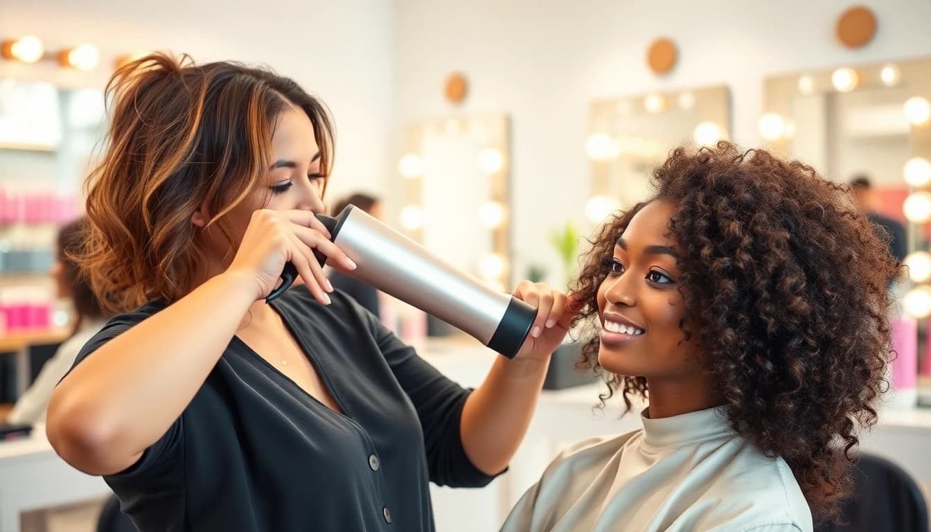 Stylist demonstrating a frizzy hair dryer on textured hair in a chic salon setting.