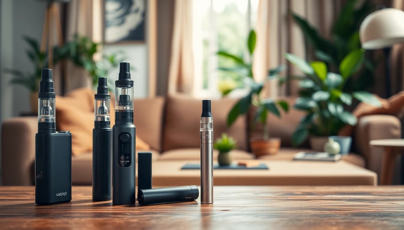 Vapes auf einem Holztablett in einem gemütlichen Wohnzimmer-Setup, das eine einladende Atmosphäre schafft.
