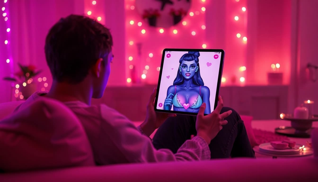Engaging in nsfw ai chat on a tablet, showcasing an intimate digital interaction with a lifelike AI girlfriend.