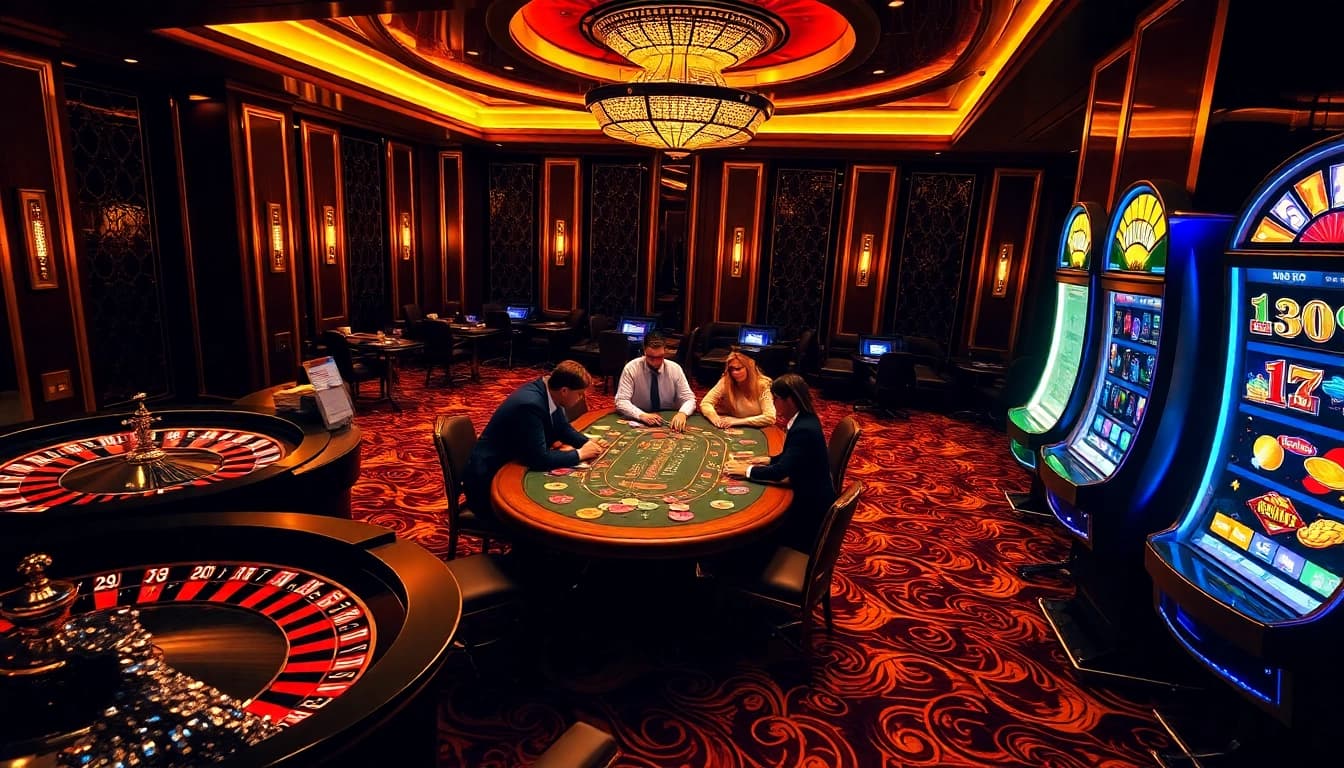 Des joueurs s'engagent dans un poker à enjeux élevés au meilleur casino en ligne, montrant excitation et luxe.