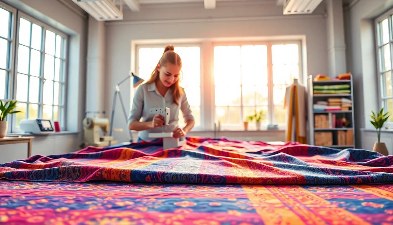Kant stof voor kleding kleurrijk toepassen in een moderne naaiwerkplaats.