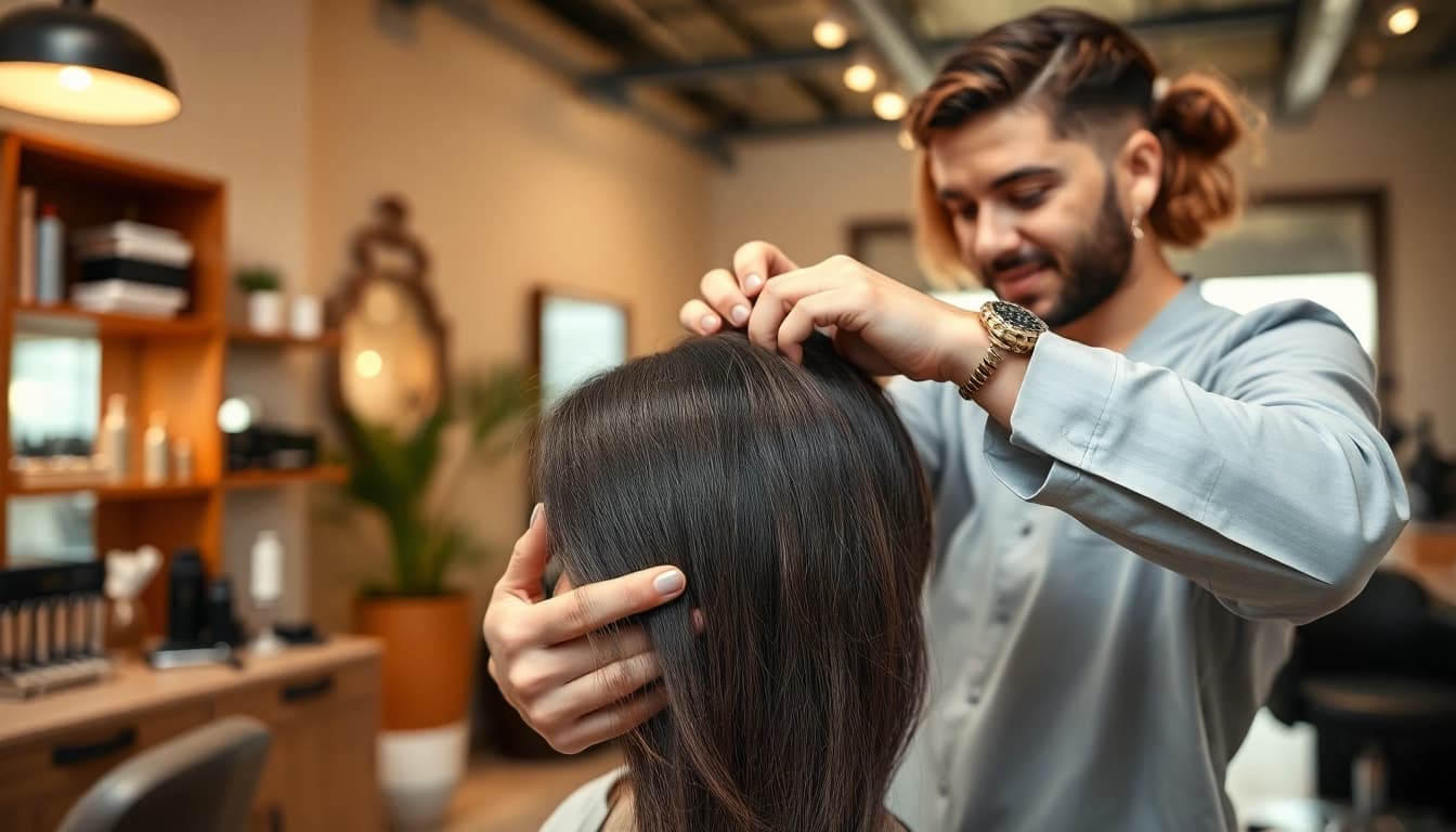 Ace of Fades 212 specialist applying a hair replacement system in a modern salon environment.
