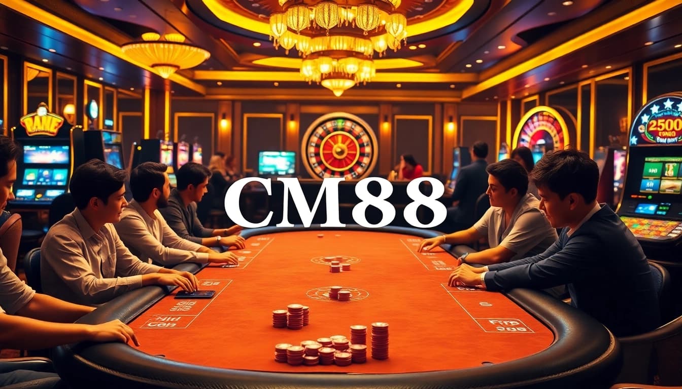 Experience the excitement of casino gaming with CM88 as players engage at a bustling poker table.