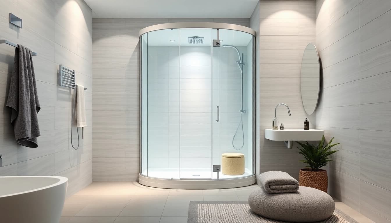 Die sonni Duschkabine im modernen Badezimmer, minimalistisch und elegant gestaltet.