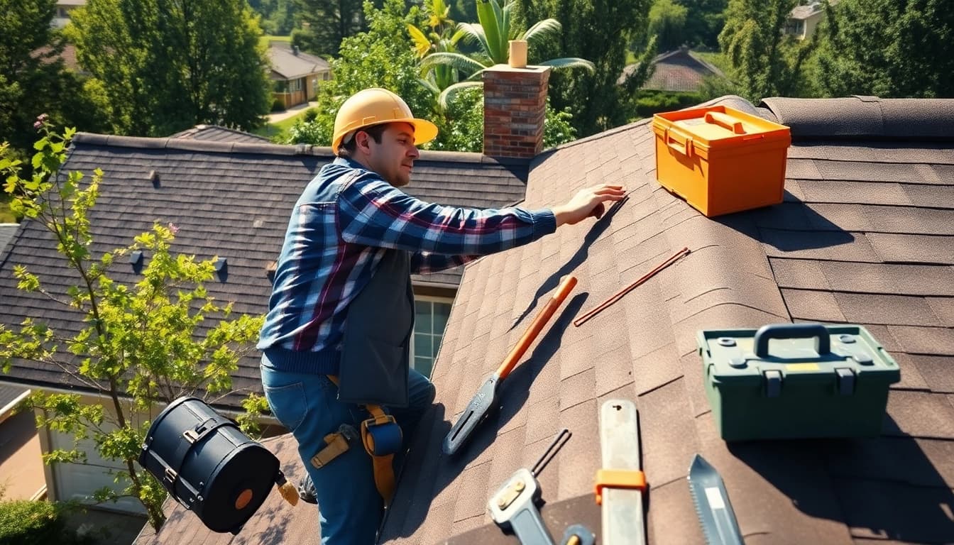 Inspecting roof repair for leaks and damage in a suburban home setting.